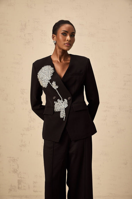Renata Blazer Renata Floral Crystal Embellished Black Double Breasted