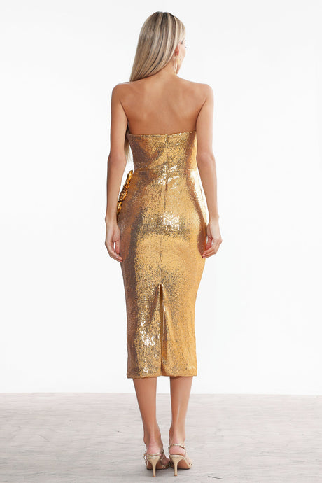 Renata Gold Sequin Floral Embellished Strapless Dress