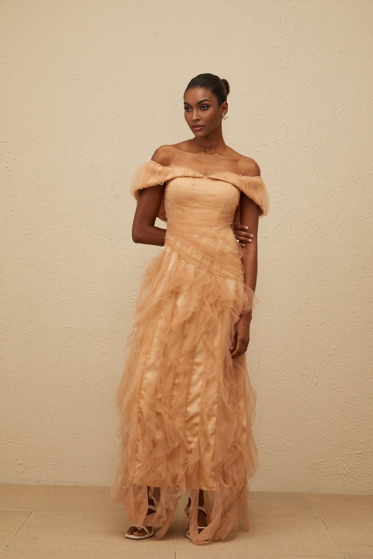 Renata Maxi Dress - Off - Shoulder - Strapless - Boned Bodice - Ruffled Tulle Detail