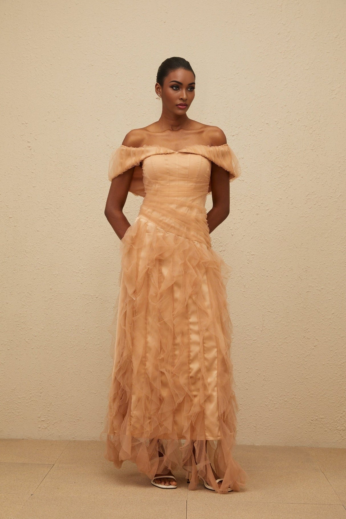 Renata Maxi Dress - Off - Shoulder - Strapless - Boned Bodice - Ruffled Tulle Detail