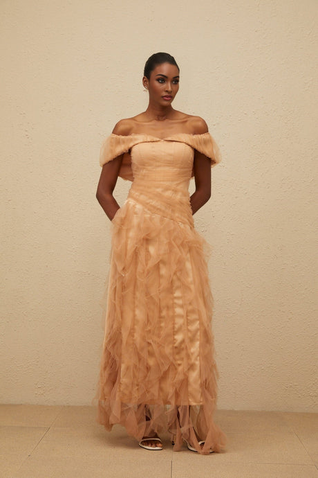 Renata Maxi Dress - Off - Shoulder - Strapless - Boned Bodice - Ruffled Tulle Detail
