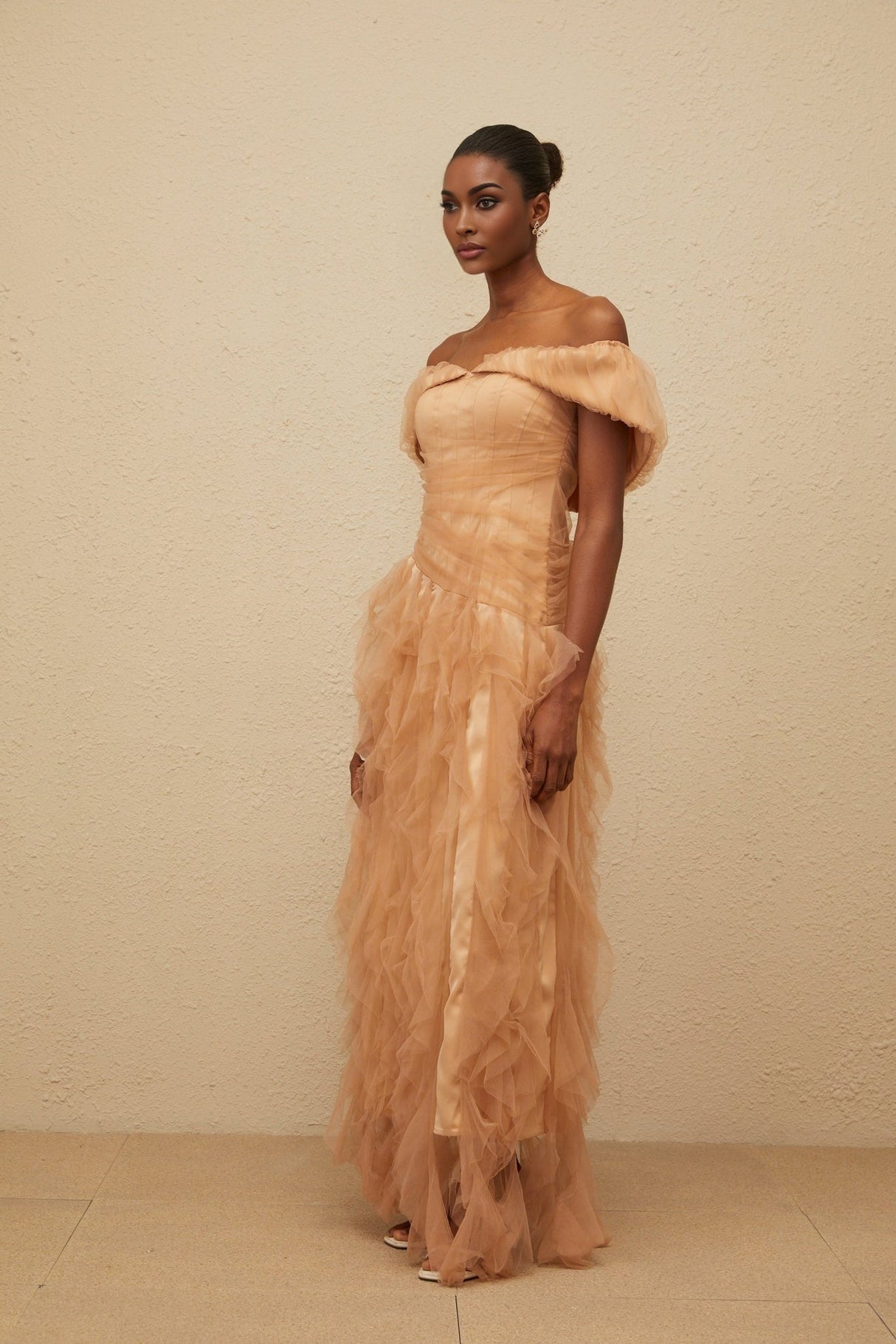 Renata Maxi Dress - Off - Shoulder - Strapless - Boned Bodice - Ruffled Tulle Detail