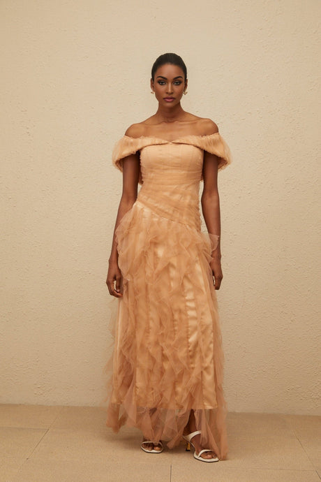 Renata Maxi Dress - Off - Shoulder - Strapless - Boned Bodice - Ruffled Tulle Detail