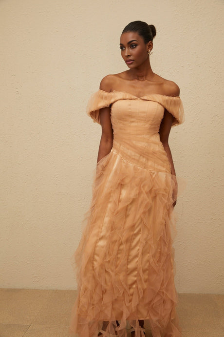 Renata Maxi Dress - Off - Shoulder - Strapless - Boned Bodice - Ruffled Tulle Detail