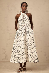 Renata Midi Dress White & Black Polka - Dot Bow Cut - Out