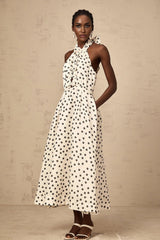 Renata Midi Dress White & Black Polka - Dot Bow Cut - Out