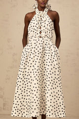 Renata Midi Dress White & Black Polka - Dot Bow Cut - Out