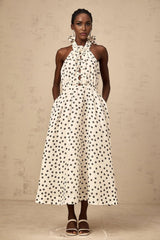 Renata Midi Dress White & Black Polka - Dot Bow Cut - Out