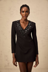 Renata Mini Dress Black Crystal Plunge ALine