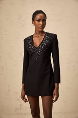 Renata Mini Dress Black Crystal Plunge ALine