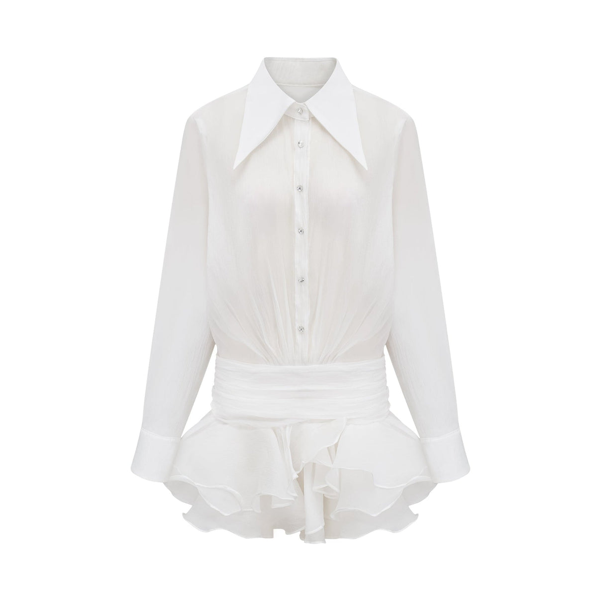 Renée white ruffled mini shirt dress