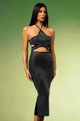 Black Diamond Hollow Out Bandage Midi Dress
