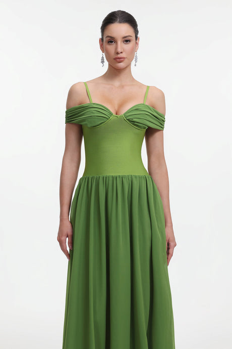 Rhea Green Maxi Dress Off-Shoulder Silhouette Ruched Detailing Formal Evening Wear