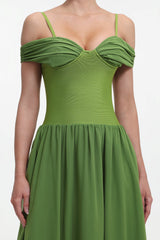 Rhea Green Off-Shoulder Maxi Dress with Ruched Detailing