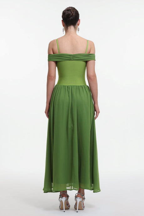 Rhea Green Off-Shoulder Maxi Dress with Ruched Detailing