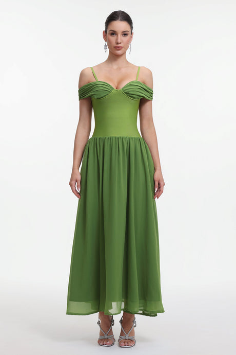 Rhea Green Off-Shoulder Maxi Dress