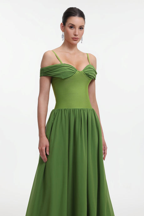 Rhea Green Off-Shoulder Maxi Dress with Ruched Detailing