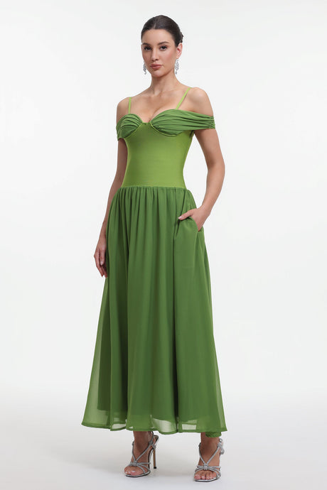 Rhea Green Off-Shoulder Ruched Maxi Dress