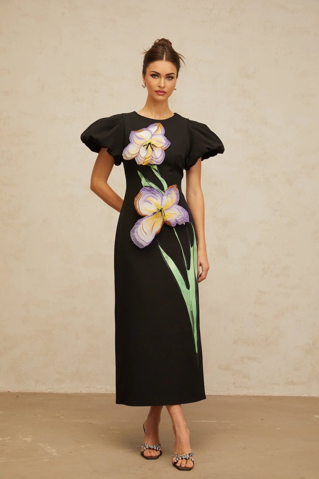 Rhea Midi Dress Black Floral Sequin Embroidery Slit Zip Fastening