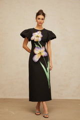 Rhea Midi Dress Black Floral Sequin Embroidery Slit Zip Fastening