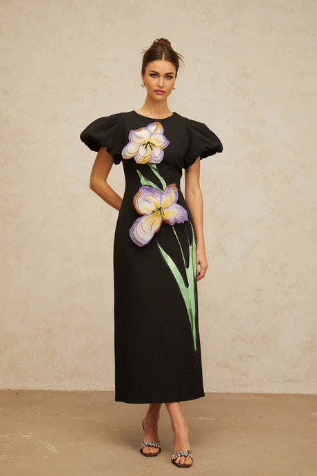 Rhea Midi Dress Black Floral Sequin Embroidery Slit Zip Fastening
