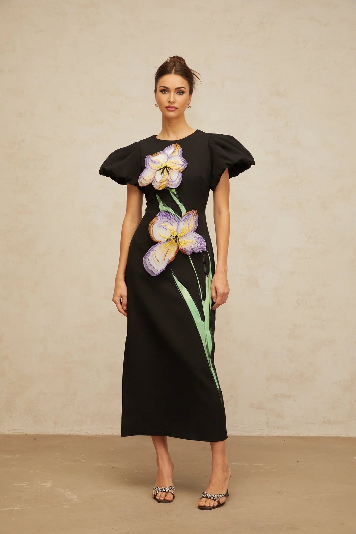 Rhea Midi Dress Black Floral Sequin Embroidery Slit Zip Fastening