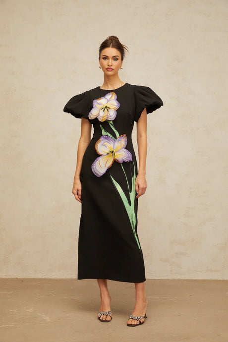 Rhea Midi Dress Black Floral Sequin Embroidery Slit Zip Fastening