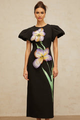 Rhea Midi Dress Black Floral Sequin Embroidery Slit Zip Fastening