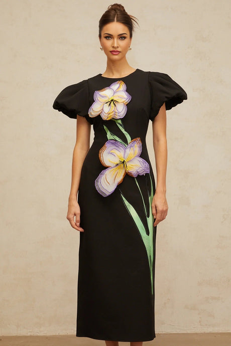 Rhea Midi Dress Black Floral Sequin Embroidery Slit Zip Fastening