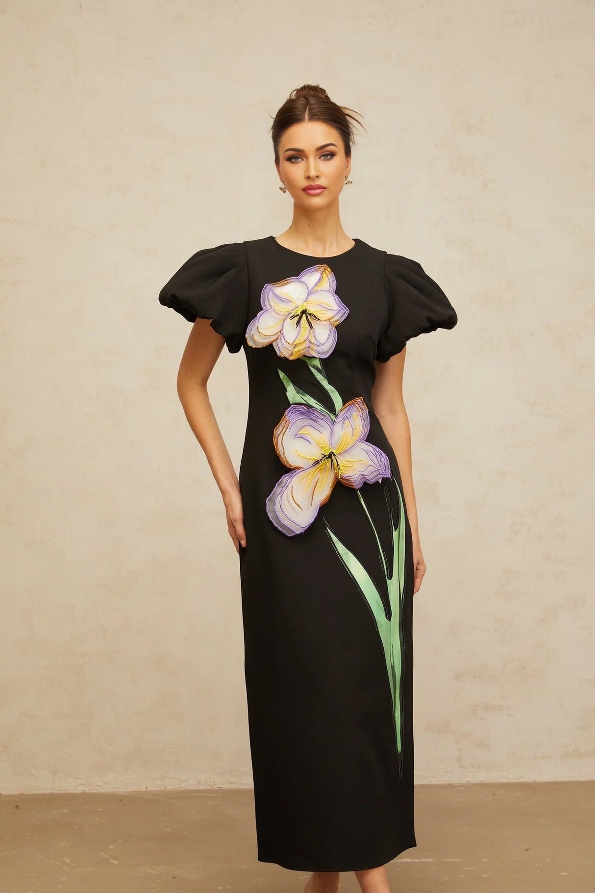 Rhea Midi Dress Black Floral Sequin Embroidery Slit Zip Fastening