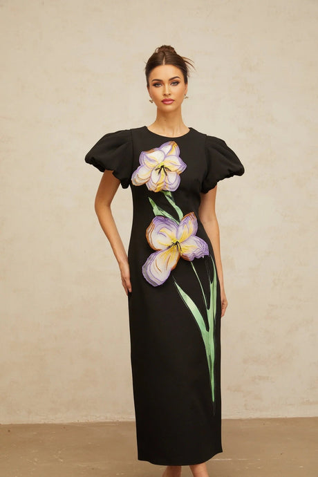Rhea Midi Dress Black Floral Sequin Embroidery Slit Zip Fastening
