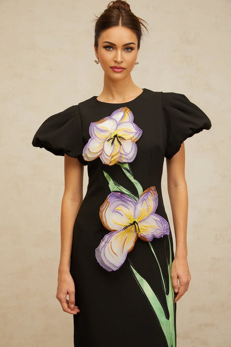 Rhea Midi Dress Black Floral Sequin Embroidery Slit Zip Fastening