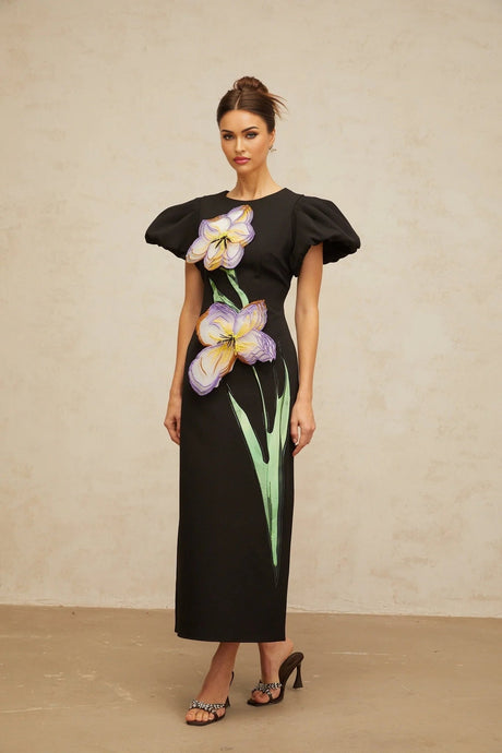 Rhea Midi Dress Black Floral Sequin Embroidery Slit Zip Fastening