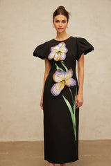 Rhea Midi Dress Black Floral Sequin Embroidery Slit Zip Fastening