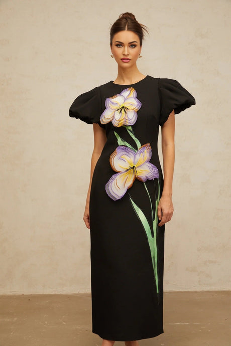 Rhea Midi Dress Black Floral Sequin Embroidery Slit Zip Fastening