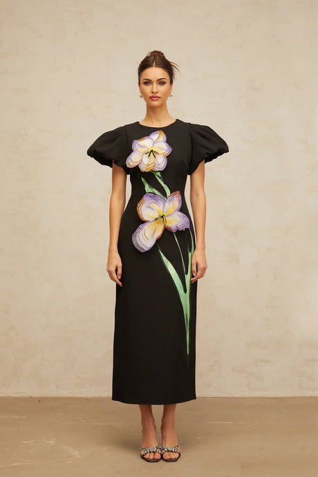 Rhea Midi Dress Black Floral Sequin Embroidery Slit Zip Fastening