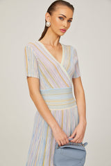 Riccarda Midi Dress Blue Metallic Pinstripe Flared Skirt