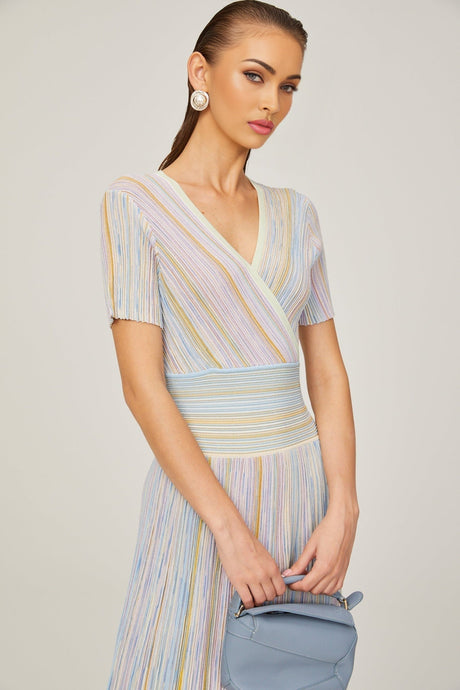 Riccarda Midi Dress Blue Metallic Pinstripe Flared Skirt