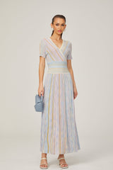 Riccarda Midi Dress Blue Metallic Pinstripe Flared Skirt
