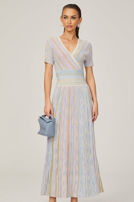 Riccarda Midi Dress Blue Metallic Pinstripe Flared Skirt