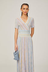 Riccarda Midi Dress Blue Metallic Pinstripe Flared Skirt