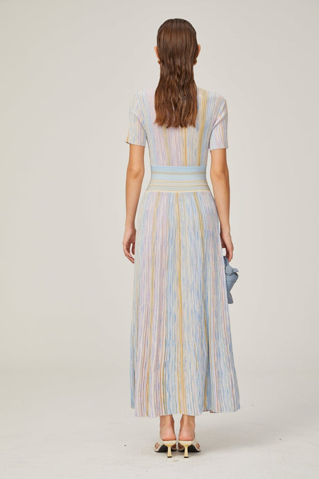 Riccarda Midi Dress Blue Metallic Pinstripe Flared Skirt