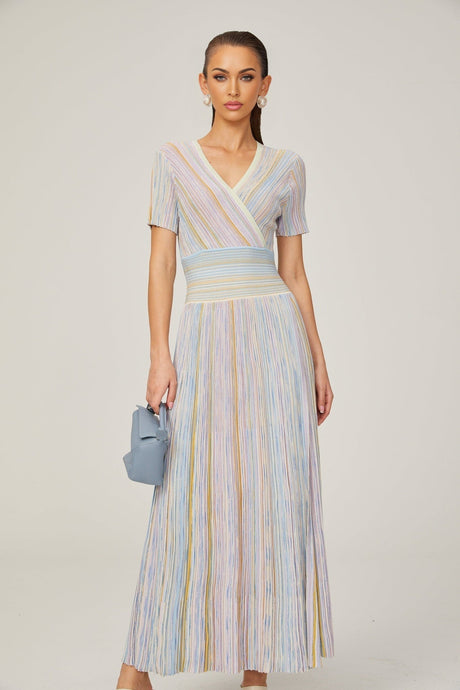 Riccarda Midi Dress Blue Metallic Pinstripe Flared Skirt