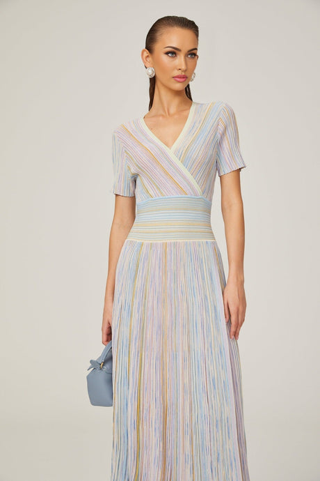 Riccarda Midi Dress Blue Metallic Pinstripe Flared Skirt