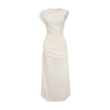 Riccarda Midi Dress White Draped Asymmetric Hem Ruched Detailing