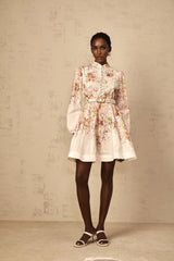 Riccarda Mini Dress Beige Floral Print & Belted Detail