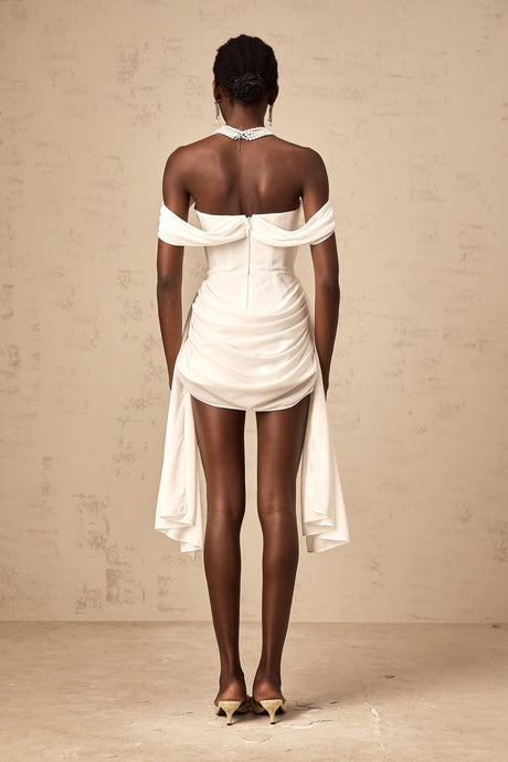 Riccarda Mini Dress White Ribbon Off Shoulder Layered & Ruched
