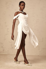 Riccarda Mini Dress White Ribbon Off Shoulder Layered & Ruched