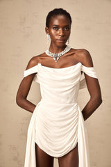 Riccarda Mini Dress White Ribbon Off Shoulder Layered & Ruched