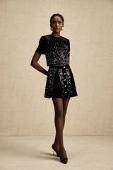 Riccarda Skirt & Top Set Black Velvet Sequin Crystal Embellished